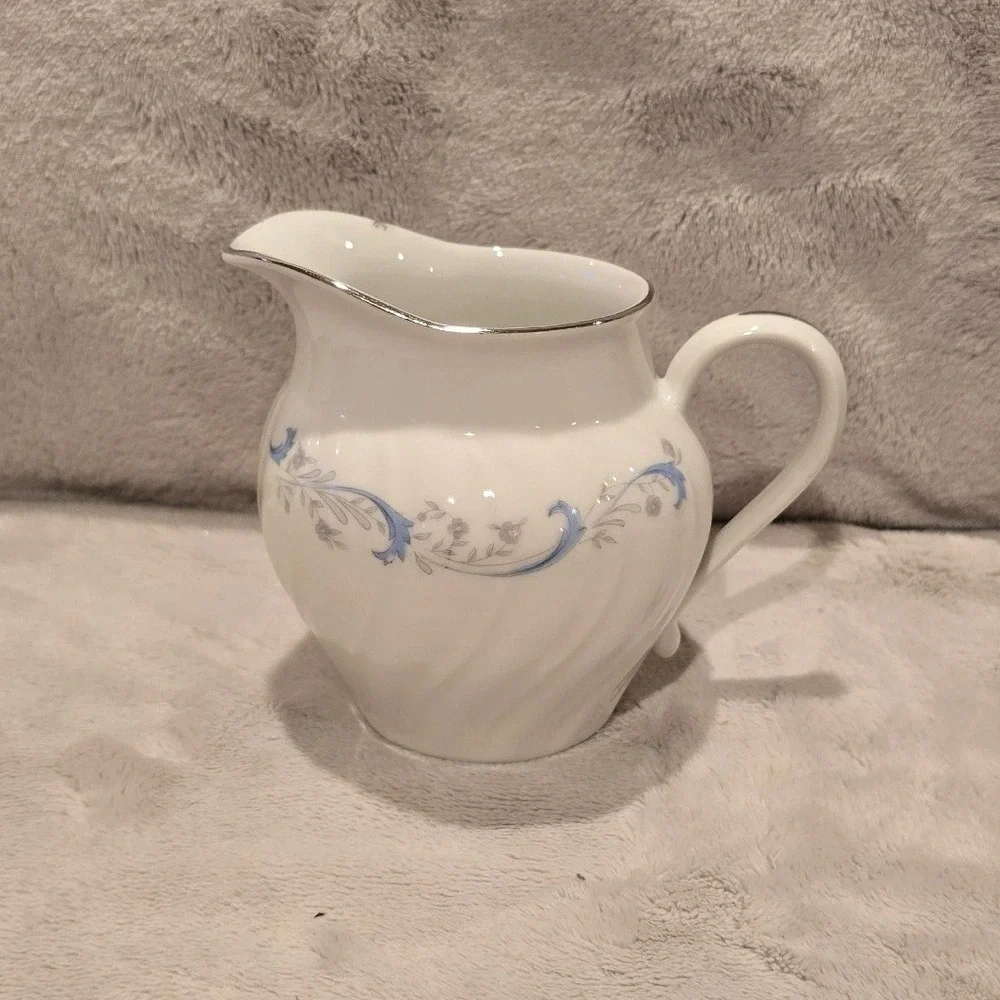 Vtg Camelot China Gracious 1990 Creamer Pitcher Blue Floral Silver Trim Japan